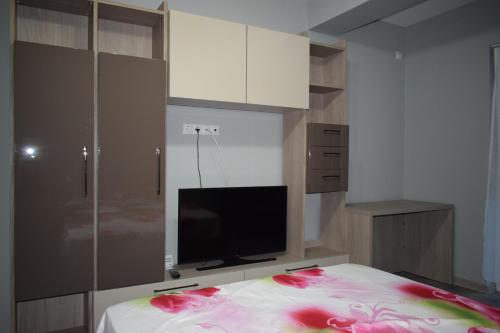a bedroom with a bed with pink flowers on it at Apartament Parc Central RHBM in Baia Mare