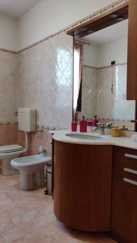 a bathroom with a sink and a toilet and a mirror at Aurora B&B in Gussola