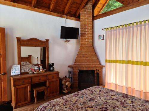 a bedroom with a bed and a fireplace and a television at Finca Los Angeles Hospederia & Sociales in Huasca de Ocampo