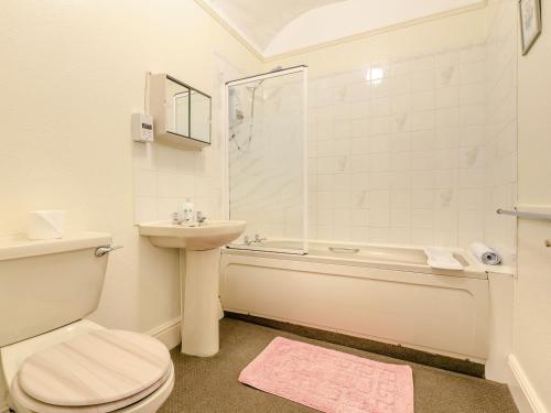 a bathroom with a toilet and a sink and a shower at Clooneavin Apartment 5 in Lynmouth