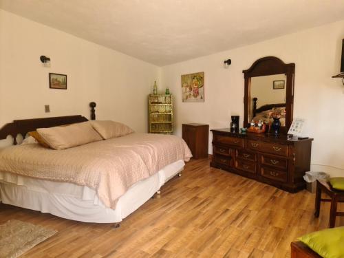 a bedroom with a bed and a dresser and a mirror at Finca Los Angeles Hospederia & Sociales in Huasca de Ocampo