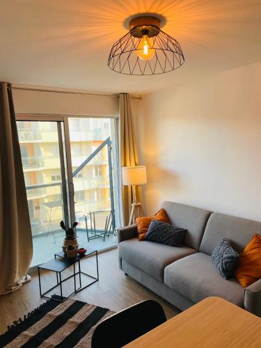 un salon avec un canapé et une grande fenêtre dans l'établissement Cosy Appartement vue mer, à Camiers