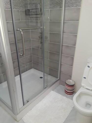 a bathroom with a shower and a toilet at Tranquil 2 bedroom townhouse in Discovery Bay in Discovery Bay