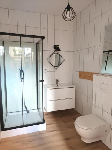W łazience znajduje się prysznic, toaleta i umywalka. w obiekcie Rest in Manowo - Holiday Home Baltic Sea w mieście Manowo