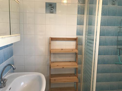 une petite salle de bain avec un lavabo et une douche dans l'établissement Petit Duplex Centre-Ville, Près Plage, Terrasse, Parking, Animaux Acceptés - FR-1-22-244, à La Tranche-sur-Mer
