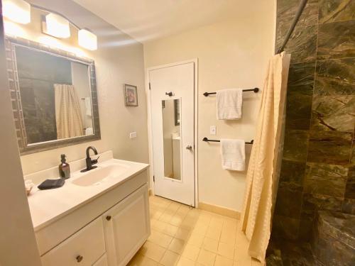 a bathroom with a sink and a shower at Beachfront 1 Bedroom Condo with Private Beach, Pool, Hot Tub in Pahala