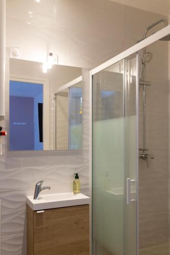 une salle de bain avec une douche, un lavabo et un miroir dans l'établissement LOC TROTTEUR LE PIVOINE Studio Grand confort, Gare SNCF de Lourdes, à Lourdes