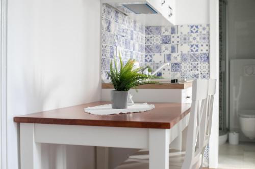 une table avec une plante en pot dans une salle de bains dans l'établissement Ancora Faros, à Stari Grad