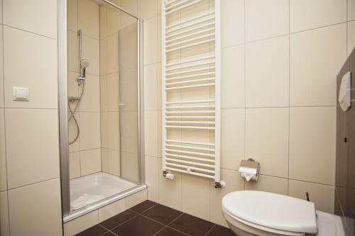 a bathroom with a toilet and a shower at Schicke FeWo mit Terrasse, gratis Nutzung vom AHOI Erlebnisbad und Sauna in Sellin - Haus De niege Wech FeWo 02 in Thiessow