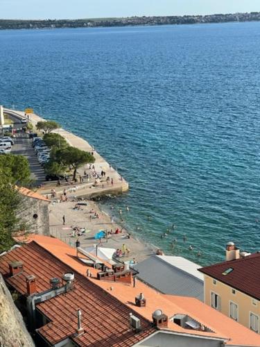 a group of people on a beach near the water at Apartments CLIFF Piran in Piran