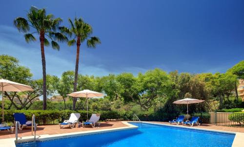 - une piscine avec des chaises, des parasols et des palmiers dans l'établissement Hotel - Apartamentos Greenlife Golf, à Marbella
