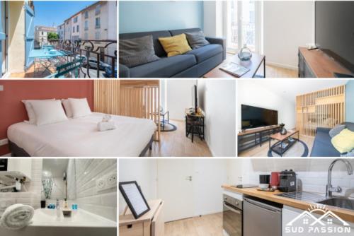 un collage de photos d'un salon et d'un appartement dans l'établissement SUD PASSION - Ferrer Nine - cosy avec balcon, à Gardanne
