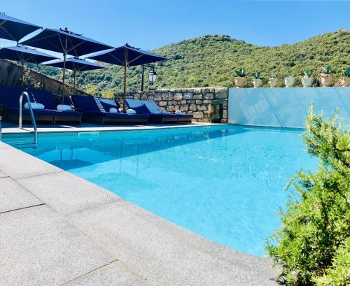 uma piscina com cadeiras e um guarda-sol em Auberge de Banne em Banne