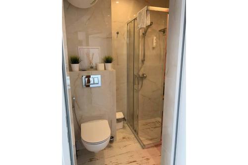W łazience znajduje się prysznic, toaleta i przeszklony prysznic. w obiekcie Luxury Premium przy samym Morzu Plaży w Primorsku