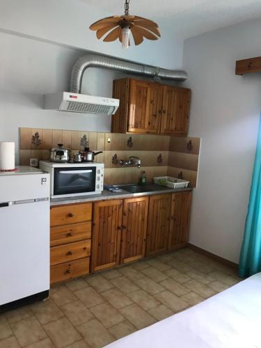 uma cozinha com armários de madeira e um micro-ondas em Valerie's House em Poros
