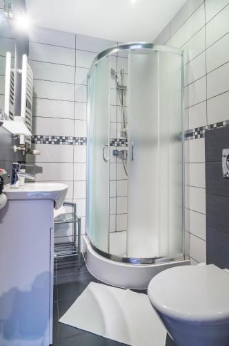 a bathroom with a shower and a toilet and a sink at Willa 4 Pory Roku in Kazimierz Dolny