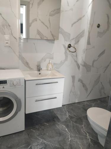 een badkamer met wastafel en wasmachine bij Agroturystyka Rybno in Rybno