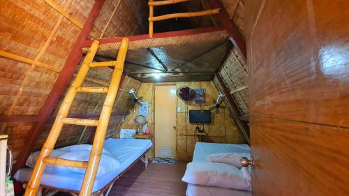 a bedroom with a bunk bed and a ladder at Calatagan's Bahay Kubo - with Beach Access in Batangas City