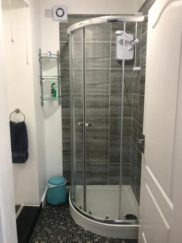 a shower with a glass door in a bathroom at Flat Rocks in Perranporth