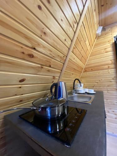 a stove with a pot and a sink in a sauna at Labna Huts in Mestia