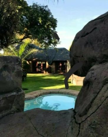 an elephant standing next to a pool with an elephant trunk at Anna Boeremeisie Guesthouse in Benoni