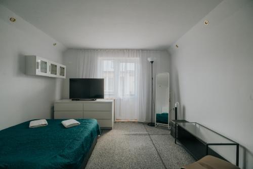 a bedroom with a green bed and a television at Willa Tina in Karwia