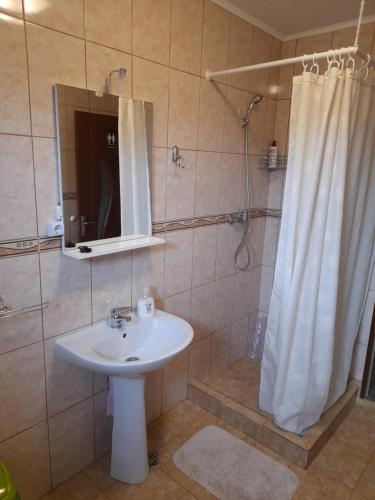 a bathroom with a sink and a shower with a mirror at Casa cu flori in Bîrsău