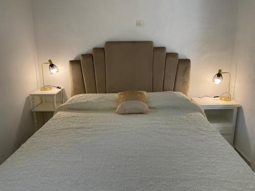 a large bed with two lamps on either side of it at MINI VILLA BORD DE MER in San-Nicolao