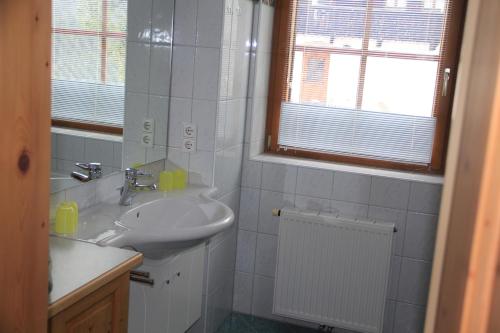 W białej łazience znajduje się umywalka i lustro. w obiekcie Pension Oberhof w mieście Sankt Lorenzen im Lesachtal
