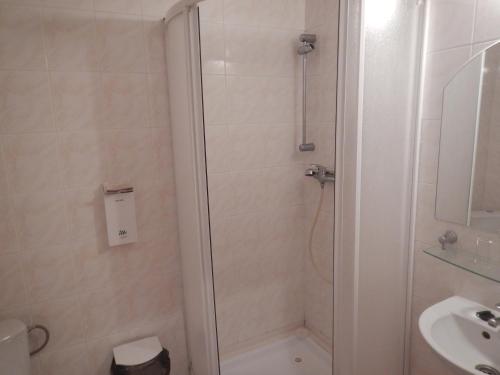 a bathroom with a shower and a sink at Penzión a reštaurácia pod Hradom, Turńa nad Bodvou in Turna nad Bodvou