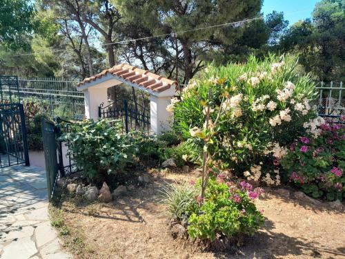 a garden with flowers in front of a fence at PARADISE in Dhaskalión