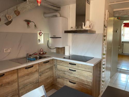 une cuisine avec des armoires en bois et un évier dans l'établissement Aux petits cœurs de Colmar PETITE VENISE, à Colmar
