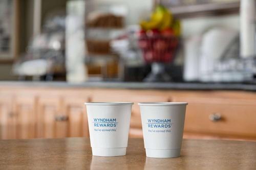 two coffee cups sitting on top of a table at Super 8 by Wyndham Lindsay Olive Tree in Lindsay