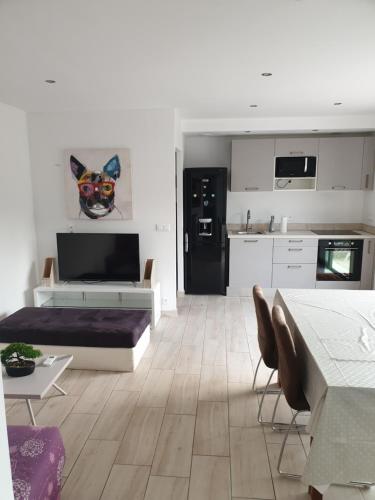 une cuisine et un salon avec un canapé dans l'établissement rez de villa vue dominante avec spa, à Callas