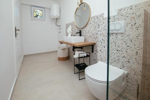 a bathroom with a toilet and a mirror at Apartmani Barbaroša in Sveti Filip i Jakov