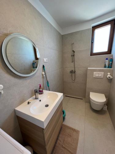 a bathroom with a sink and a mirror and a toilet at Apartment Suzana in Tisno