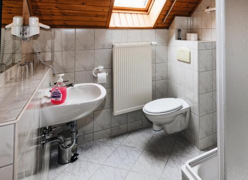 La salle de bains est pourvue d'un lavabo blanc et de toilettes. dans l'établissement Landgasthof Zur Wildbahn, à Burg