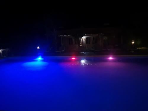 a pool with blue and red lights at night at Camping Auberge Zebra in Ouzoud
