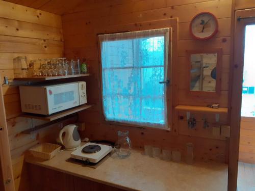 a kitchen with a counter with a microwave and a window at Chatka Rozárka - Výrovická přehrada in Horní Dunajovice