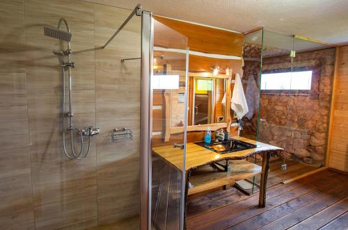 a bathroom with a shower and a wooden table at Tarnawianka Apart in Tarnawa Górna