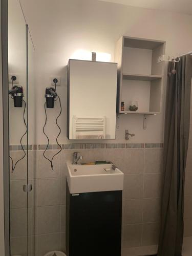 a bathroom with a sink and a mirror and a shower at STUDIO aux pieds des pistes - Villard de Lans - Cote 2000 in Villard-de-Lans
