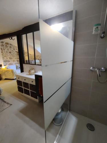 La salle de bains est pourvue d'un lavabo et d'une douche avec un miroir. dans l'établissement Rendez-vous sous le tilleul, en Cevennes., à Molières-Cavaillac