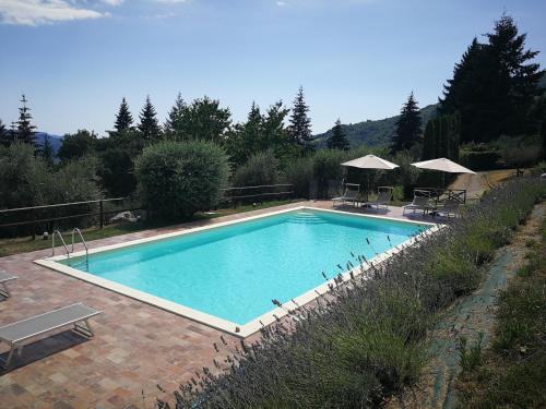 una gran piscina con sillas y sombrillas en casa marconi, en Vetriano