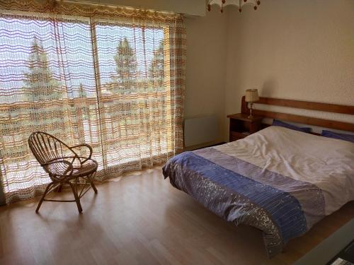 豐羅默奧代洛維亞的住宿－Les Sorbiers - Grand T4 ensoleillé avec Vue Panoramique，卧室配有床、椅子和窗户。