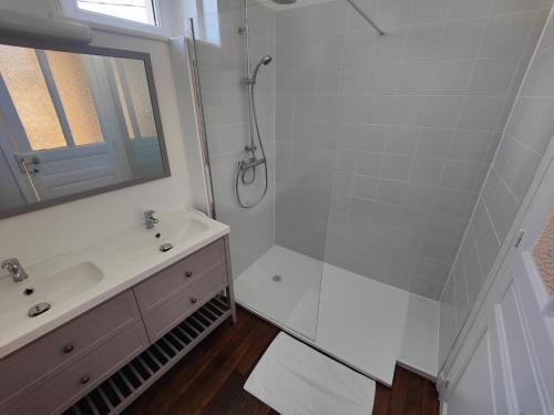 a bathroom with a shower and a sink and a mirror at Maison Val de Cher in Noyers-sur-Cher