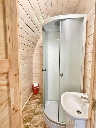 a bathroom with a shower and a sink at Palūšės Kempingas (nameliai) in Palūšė