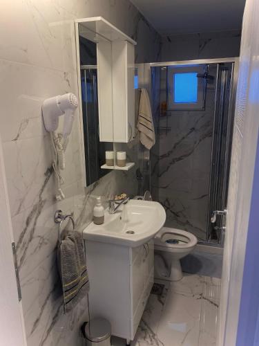 Un baño blanco con lavabo e inodoro. en Apartmani Orlović Bar, en Bar