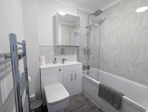 ein Bad mit einem WC, einem Waschbecken und einer Dusche in der Unterkunft Saffron Court by Wycombe Apartments - Apt 12 in High Wycombe