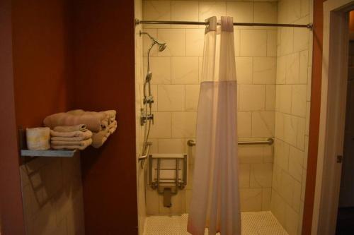 eine Dusche mit einem weißen Duschvorhang im Bad in der Unterkunft Northport Inn Boutique Hotel R203 in Northport
