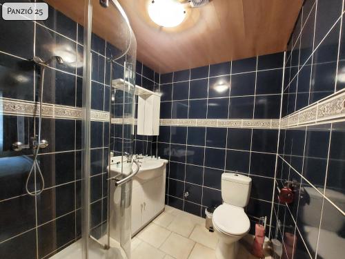 a bathroom with blue tiled walls and a toilet at Gosztonyi Villa in Siófok